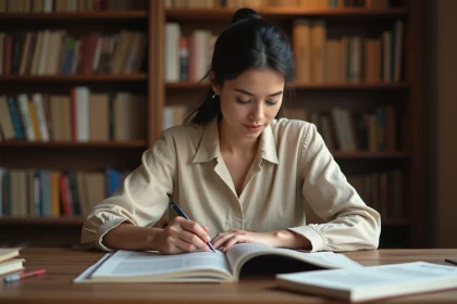 Femme vérifiant l'authenticité d'un magazine Garan Cedore sur un bureau en bois avec des livres de référence