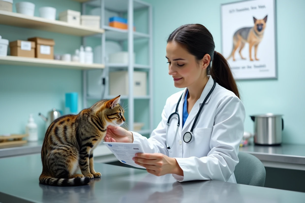Vétérinaire examinant un chat en bonne santé dans une clinique vétérinaire, focus sur la nutrition animale