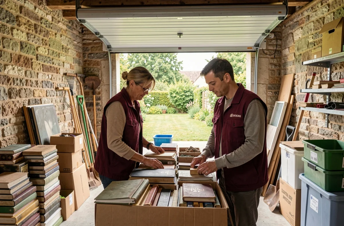 Deux membres de l'équipe Vide Maison 45 triant des objets dans un garage du Loiret