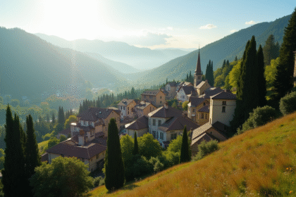 Village de Le Bessat au matin ensoleille avec forêts de pins