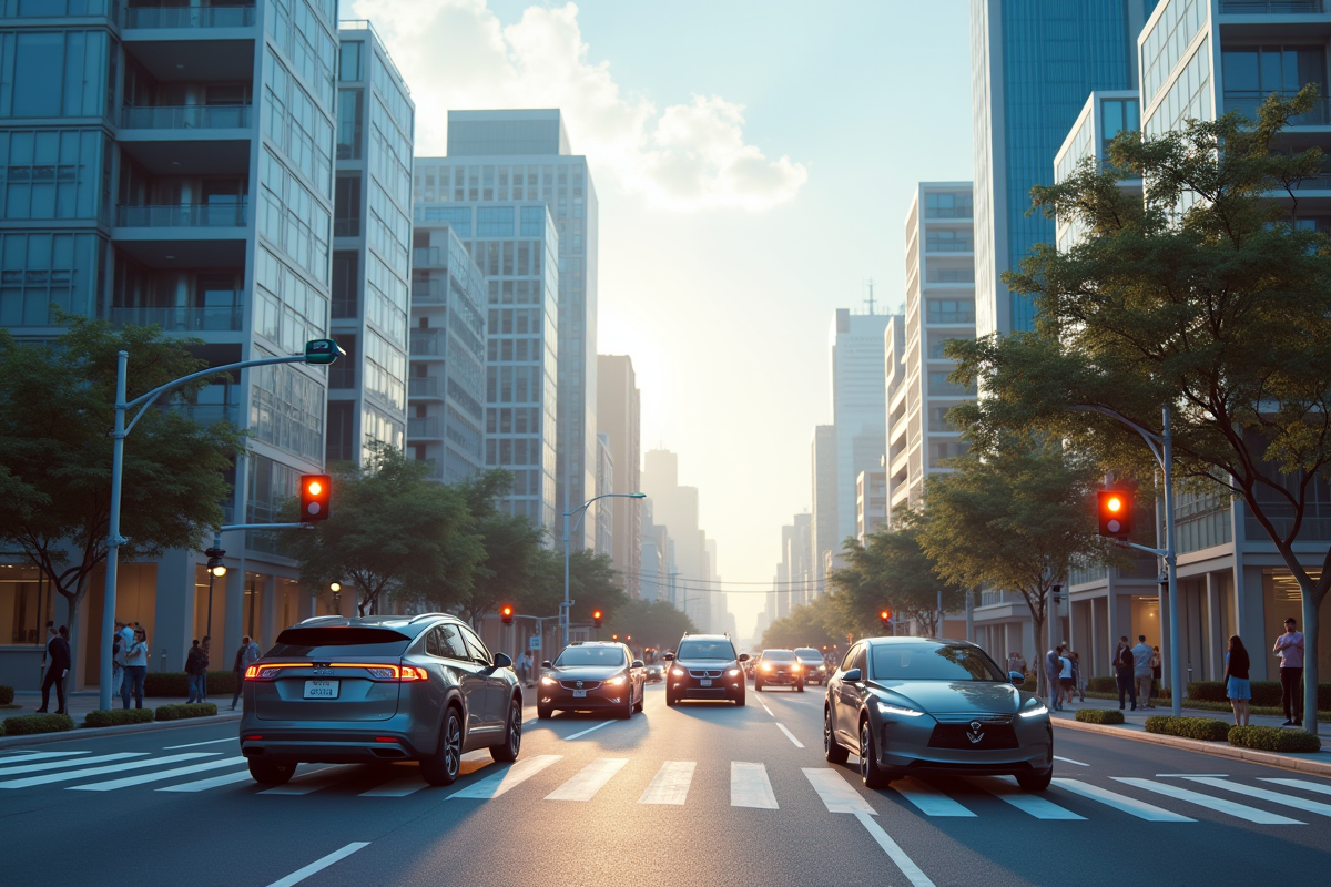 Rue urbaine en 2025 avec voitures autonomes et électriques