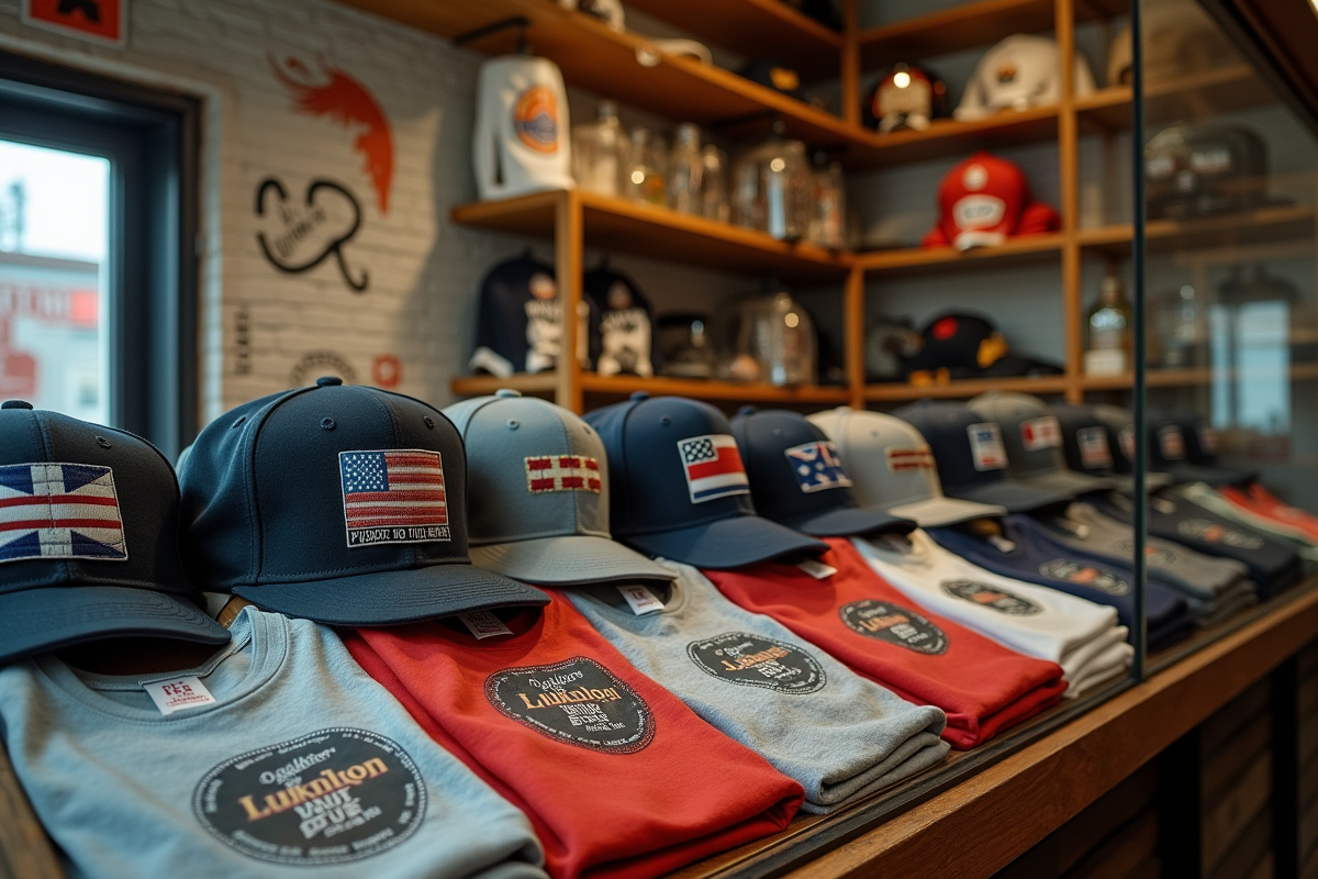 Vitrine vintage avec casquettes et t-shirts des années 80