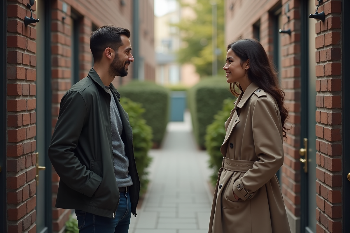 Deux personnes devant leurs portes dans une rue urbaine calme
