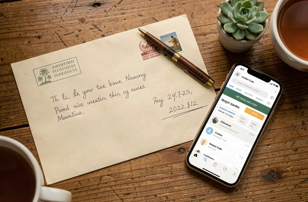 Vue aérienne d'une enveloppe et d'une note avec un code postal de l'île Maurice sur une table en bois