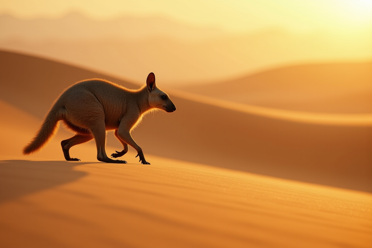 Zorilla marchant dans les dunes au lever du soleil