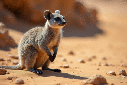 Zorilla du desert en alerte sur sol rocheux